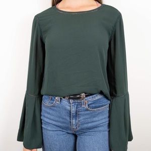 LOFT Women Dark Hunter Green Long Bell Sleeve Blouse Size Medium